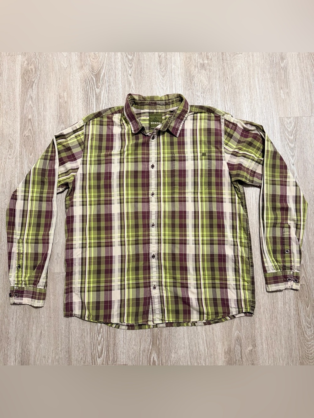 Prana Mens Shirt Button Front Long Sleeve Plaid Gray Organic Cotton Size XL